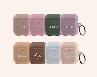 May include: Eight personalised AirPod cases in a variety of colours, including pink, green, brown, and beige. Each case has a different name printed on it, such as "Eve", "Jess", "Amy", "Ellie", "Grace", "Lyla", "Emily", and "Sophia".