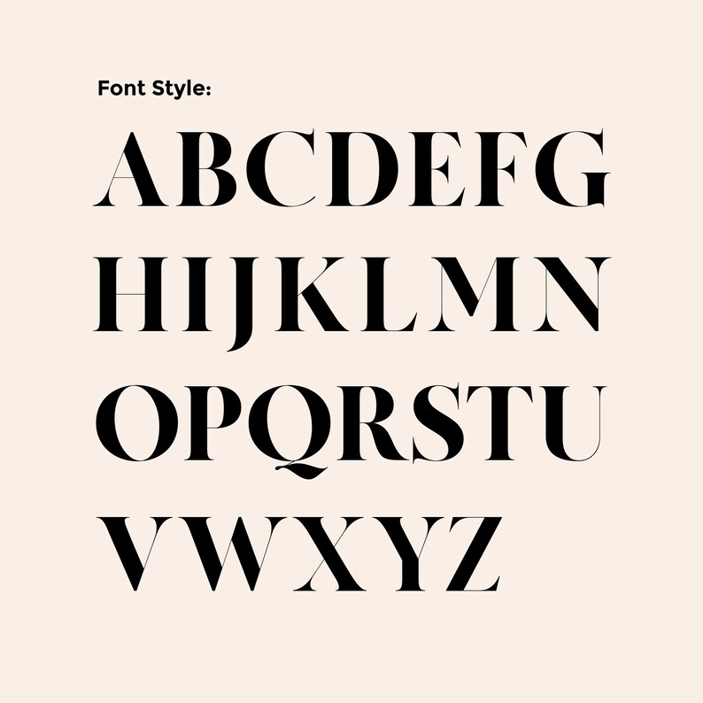 Puede incluir: Presentaci&oacute;n del alfabeto en fuente serif negra sobre fondo beige claro. Las letras est&aacute;n dispuestas en filas. El texto "Font Style:" est&aacute; en la parte superior de la imagen.