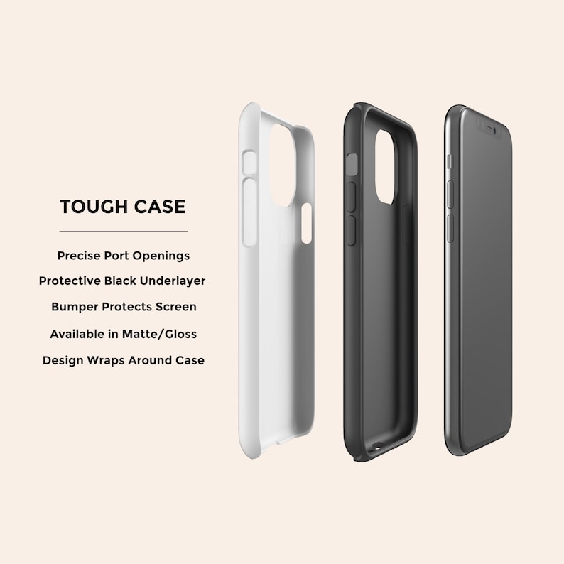 May include: A white, black, and gray phone case with a protective black underlayer. The case is designed to protect the phone's screen and has precise port openings. The case is available in matte or gloss finishes and the design wraps around the case.
