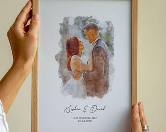 Personalised Watercolor Wedding Portrait: Custom Couple Illustration, Framed Print