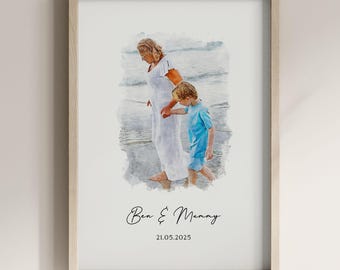 Personalised Mum Portrait: Custom Watercolour From Photo Print