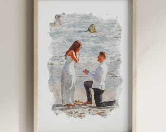 Proposal Portrait From Photo, Engagement Couple Gift, Custom Photo to Watercolour Print, Engagement Announcement Wall Art