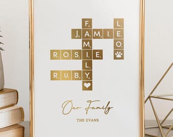 Personalised Family Name Print: Gold Word Tiles, Home Decor