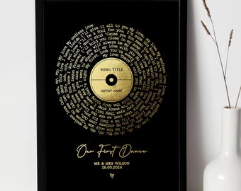 Personalised Gold Foil Song Lyric Print: Custom Metallic Record Art, A4 & A3
