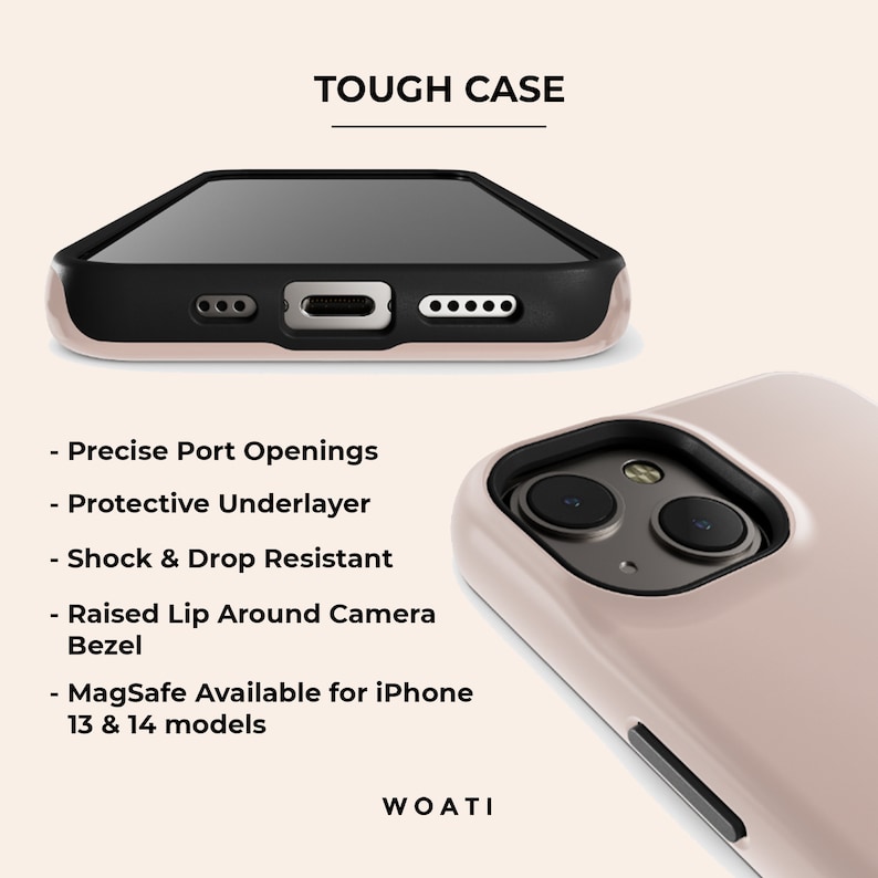 Puede incluir: Funda de tel&eacute;fono rosa claro con marco negro, dise&ntilde;ada para modelos iPhone 13 y 14. Cuenta con aberturas precisas para puertos, capa protectora y resistencia a golpes. El texto "TOUGH CASE" es visible. Tambi&eacute;n se ve la marca "WOATI".