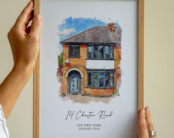 Personalised Watercolor House Portrait: Custom New Home Gift, Framed Print