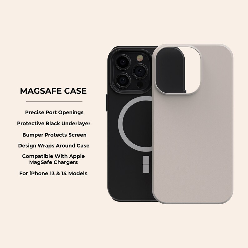 May include: A gray and black phone case with a built-in MagSafe ring. The case is designed to protect the phone's screen and camera lenses. It is compatible with Apple MagSafe chargers. The text "MAGSAFE CASE" is printed on the case.