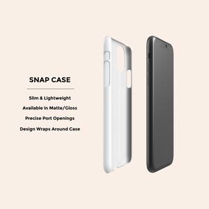 May include: A white phone case with a black phone case next to it. The white case has a snap closure and is slim and lightweight. The text "SNAP CASE" is printed on the white case, along with the following features: Slim & Lightweight, Available in Matte/Gloss, Precise Port Openings, Design Wraps Around Case.