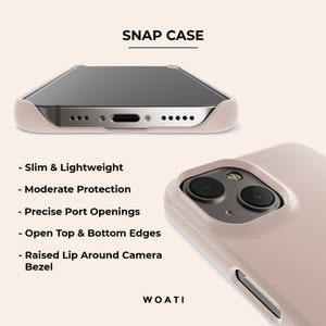 Puede incluir: Funda a presi&oacute;n rosa claro para smartphone. Dise&ntilde;o delgado y ligero, con aberturas precisas para puertos y bordes superior e inferior abiertos. Cuenta con un labio elevado alrededor del bisel de la c&aacute;mara. Se muestra el texto "SNAP CASE" y "WOATI".