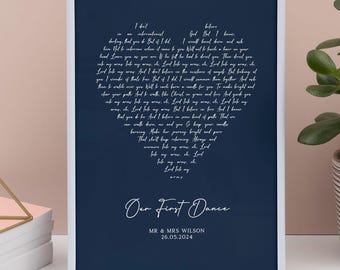 Personalised Song Lyrics Heart Print: Our Favourite Song, First Dance