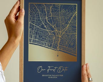 Personalised Gold Map Print: Engagement Location, Metallic Foil, A4 & A3
