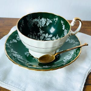 Aynsley England Bone China Cup and Saucer-Dark Green with White Roses