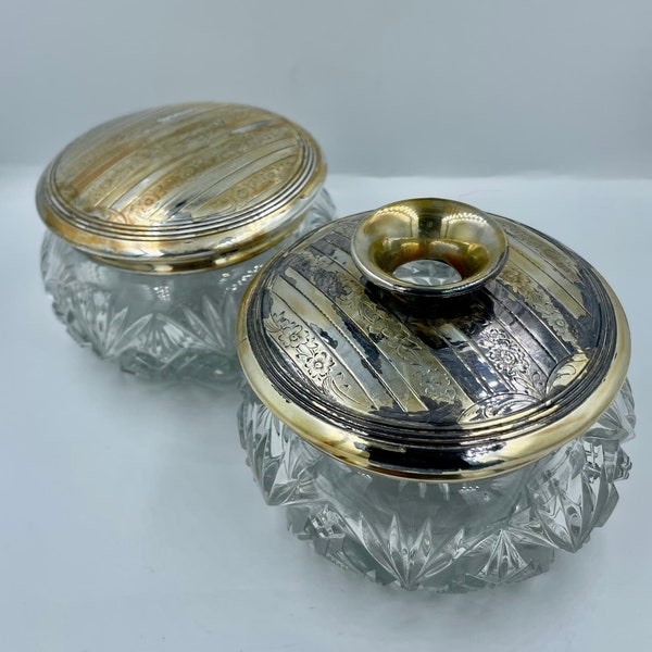 Pair of Antique Pressed Pattern Triangle Fan Glass Vanity Jars with Metal Covers Powder Jar and Hair Receiver
