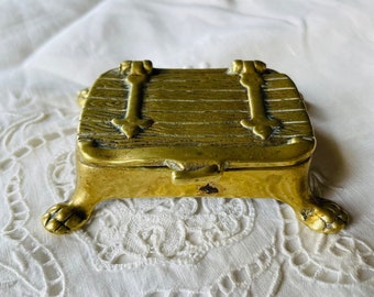 Vintage Brass Treasure Chest Stamp Box with Lion Paw Feet