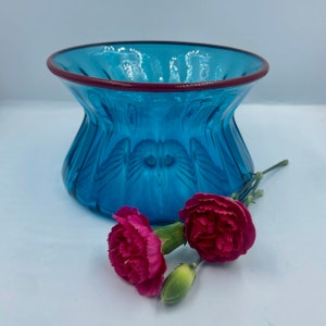 Turquoise Art Glass Bowl with Red Rim Signed