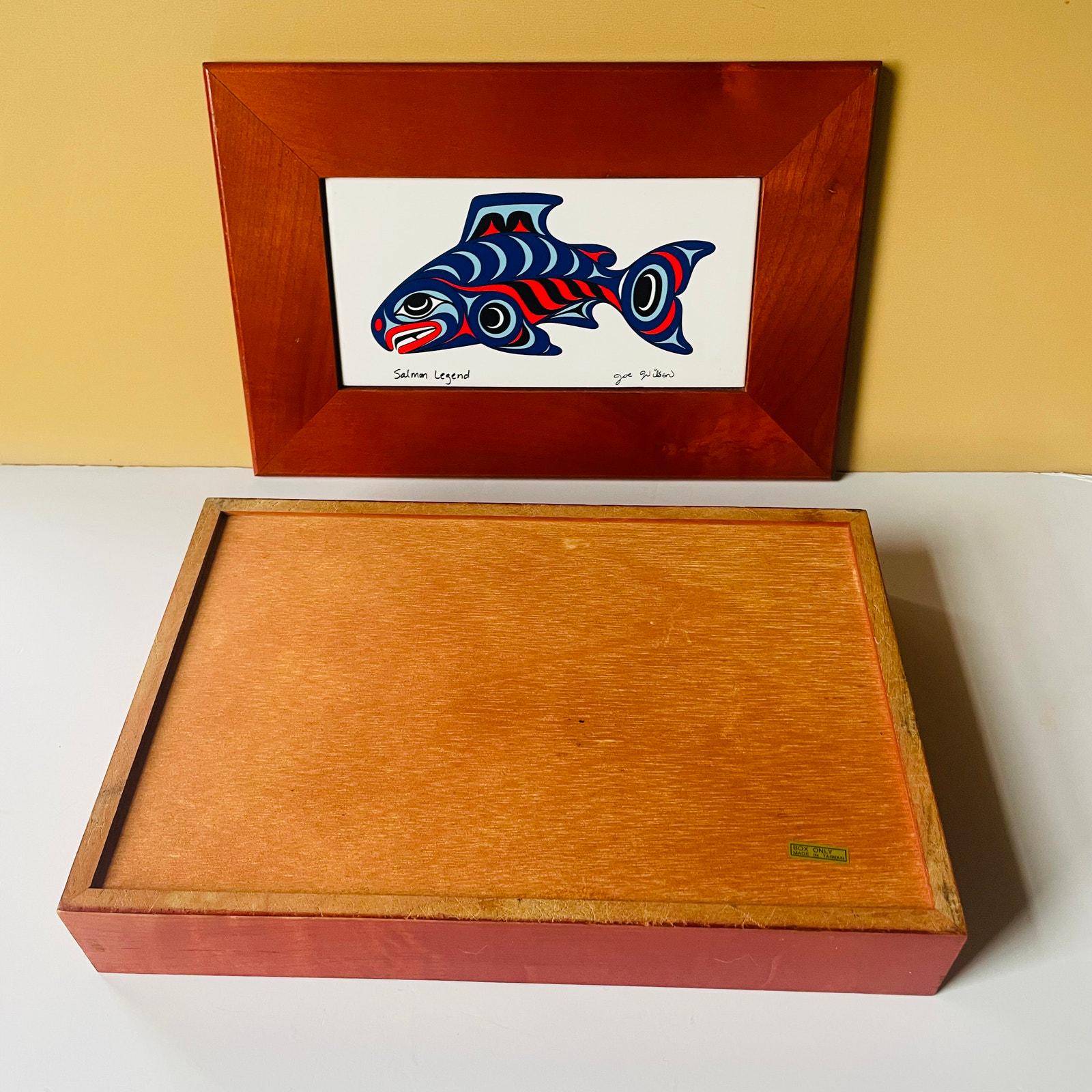 Vintage “salmon Legend” Wood Box With Ceramic Tile Insert by