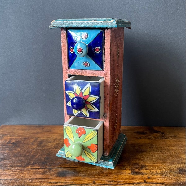 Painted Wood Miniature Chest with Ceramic Drawers