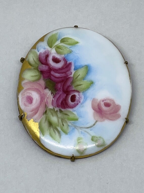 Victorian Handpainted Roses Brooch - image 2