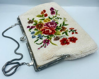 Vintage 1960’s Seed Beaded and  Pettipoint Floral Purse