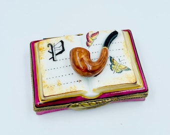 Vintage Limoges Porcelain Pient Main Book with Pipe Trinket Box