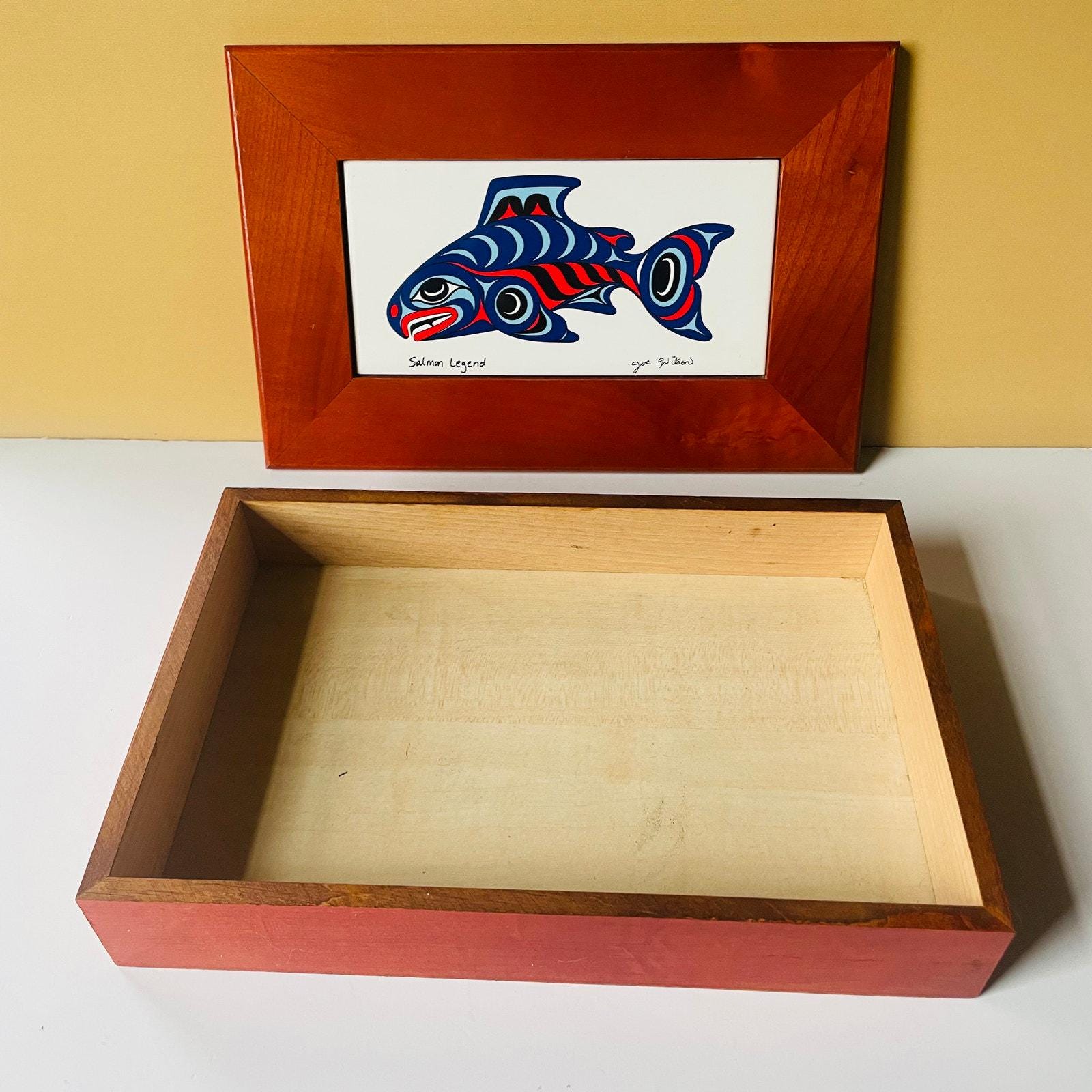 Vintage “salmon Legend” Wood Box With Ceramic Tile Insert by