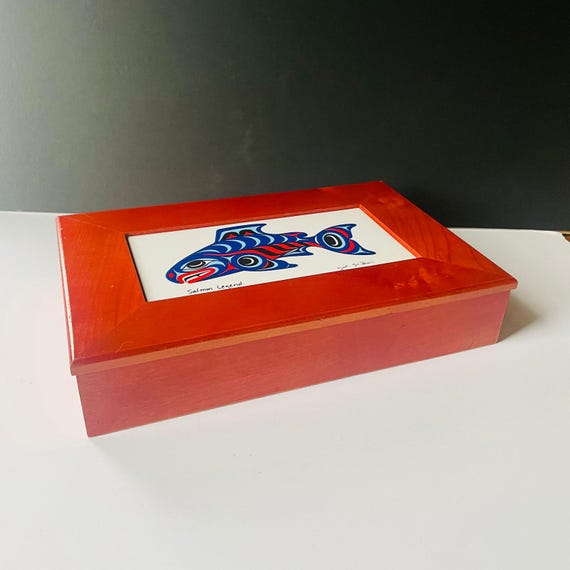 Vintage “salmon Legend” Wood Box With Ceramic Tile Insert by