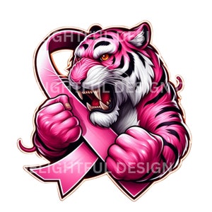 May include: A pink tiger with a pink ribbon tied around its body. The tiger is roaring with its mouth open and its teeth showing. The ribbon is a symbol of breast cancer awareness.