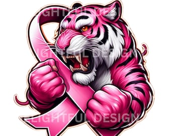 Roze tijgermascotte borstkankerlint PNG-sublimatie DTF-bekerontwerp