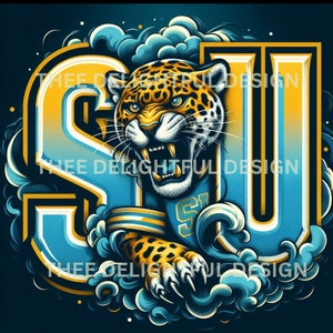 May include: A fierce jaguar with blue eyes and a snarling expression is depicted in a graphic design. The jaguar is wearing a blue and gold jersey with the letter "S" on the front. The jaguar is positioned in front of the letters "SU" in a blue and gold color scheme. The letters are surrounded by stylized clouds in shades of blue.