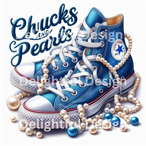 May include: Blue high-top sneakers with white laces and a white Converse logo. The sneakers are surrounded by a string of pearls.