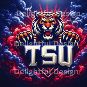 Puede incluir: Una fiera mascota de tigre naranja con un fondo blanco y humo rojo y azul detrás. El tigre sostiene un logotipo blanco y azul que dice "TSU".