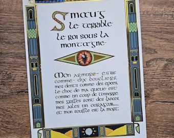 Dragons du Seigneur des Anneaux - texte calligraphié et enluminé : Smaug, Glaurung, Ancalagon et Scatha - impression avec dorure