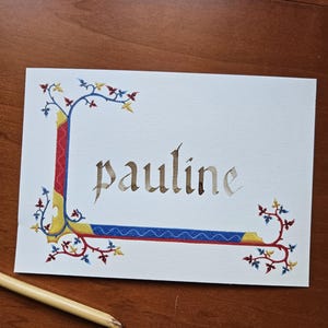 Votre prénom/mot en calligraphie médiévale sur commande avec cadre enluminé - cadeau personnalisé fait à la main