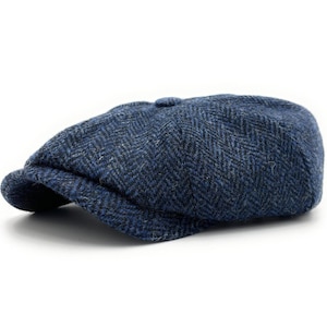 Men's Harris Tweed Newsboy Cap Navy Herringbone Comfort Fit Quilted Lining Made in Scotland S-XXL