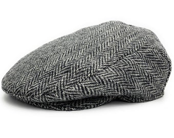 Authentique casquette plate pour homme en tweed Harris à chevrons grises fabriquée en Ecosse P-XXL