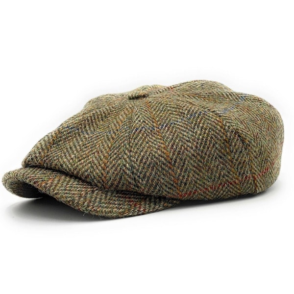 Men's Harris Tweed Newsboy Cap Green Herringbone Comfort Fit Quilted Lining Made in Scotland S-XXL