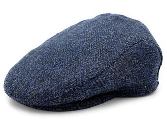 Authentique Casquette Plate Pour Homme En Harris Tweed Bleu Marine Fabriquée En Ecosse