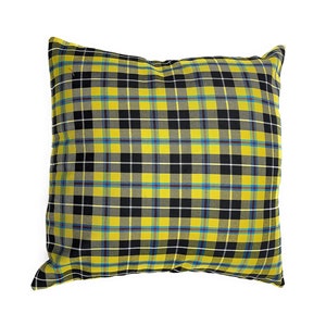 May include: A yellow and black plaid pillow with a white border.