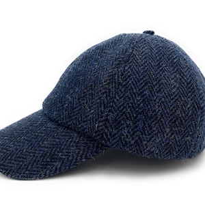 Harris Tweed Navy Herringbone Traditional Golf Baseball Adjustable Cap Hat Unisex One Size Made in Scotland