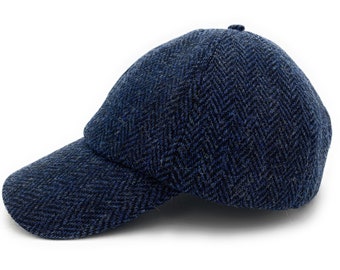 Harris Tweed Navy Herringbone Traditional Golf Baseball Adjustable Cap Hat Unisex One Size Made in Scotland