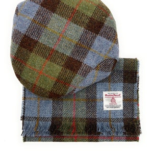Macleod Tartan Harris Tweed Flat Cap & Fringed Scarf Set Unisex Hand Made in Scotland