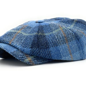 Men's Harris Tweed Newsboy Cap Blue Check Comfort Fit Quilted Lining Made in Scotland S-XXL