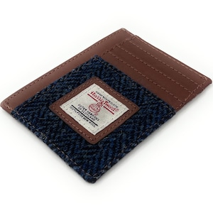 Harris Tweed Navy Herringbone - Tarjetero pequeño y compacto con ventana para tarjeta de identificación, unisex