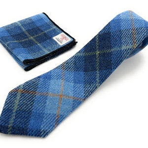 Mens Blue Check Harris Tweed Necktie Handkerchief Pocket Square Set