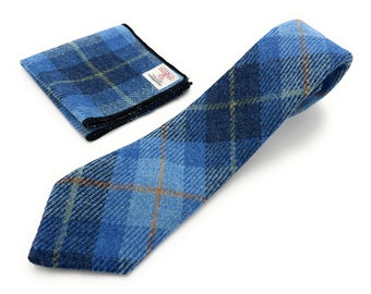 Mens Blue Check Harris Tweed Necktie Handkerchief Pocket Square Set
