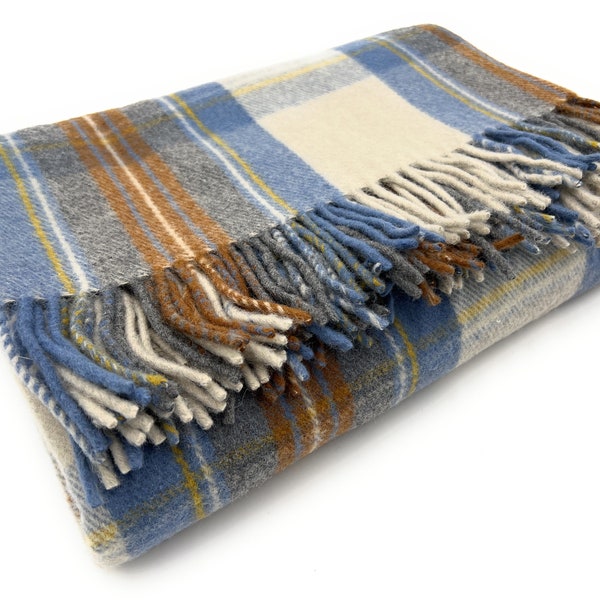 Stewart Muted Blue 100% Nieuwe Wol Grote Tartan Picknickdeken Gooi