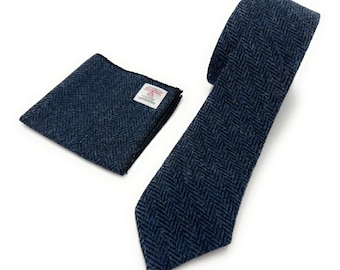 Mens Harris Tweed Navy Herringbone Necktie Handkerchief Pocket Square Set