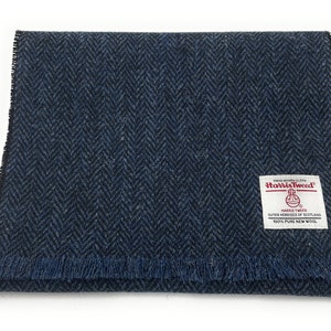Harris Tweed Fringed Scarf Navy Herringbone Made In Scotland