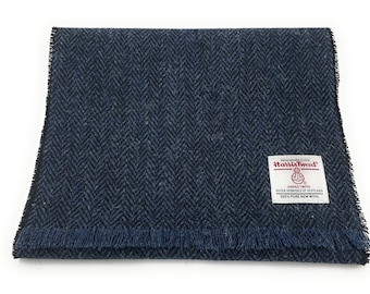 Harris Tweed Fringed Scarf Navy Herringbone Made In Scotland