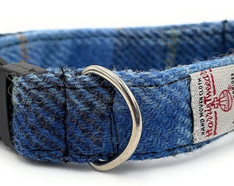 Harris Tweed Blue Check Handmade Dog Collar